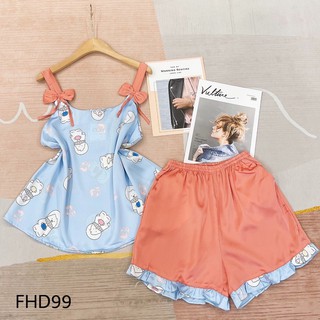 Đồ Mặc Nhà - Pyjamas , Bộ Lụa 2 dây nơ đùi,lụa santin cao cấp