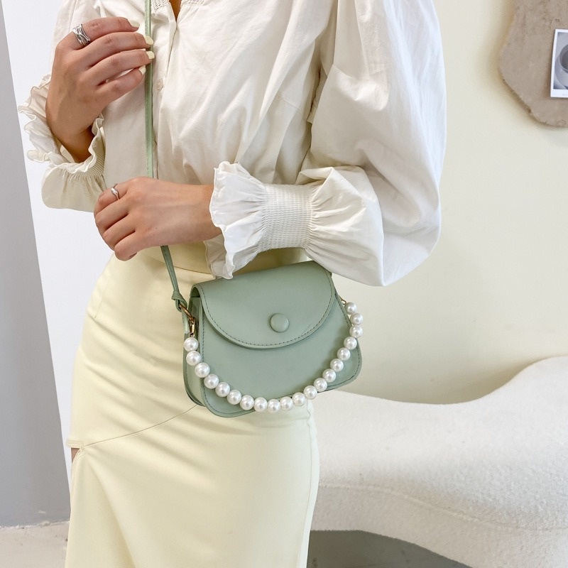 Túi Đeo Chéo Hình Vuông Nhỏ Màu Trơn Đính Nút Ngọc Trai Phong Cách Hàn Quốc Mới 2022 NB00421