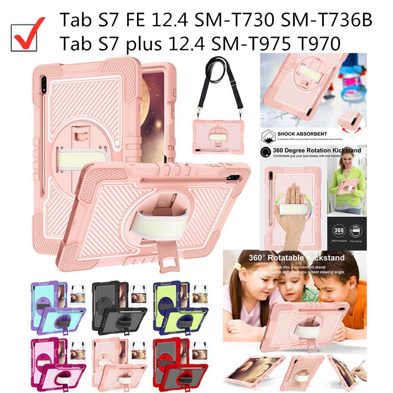 Ốp máy tính bảng kèm giá đỡ và dây đeo cho Samsung Galaxy Tab S7 FE Plus 12.4" SM-T730 SM-T736B
