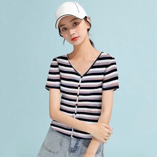 Áo thun gân kẻ sọc cổ V