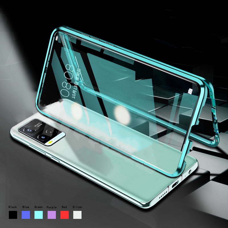 Ốp Điện Thoại Kính Cường Lực Cứng Hai Mặt Viền Kim Loại Nam Châm 360 Độ Cho VIVO Y21 Y21s Y33s