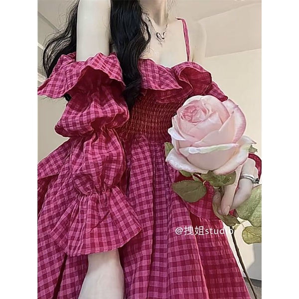 Váy Trễ Vai Bèo Tay Bồng Tầng Kẻ Ô Màu Hồng Phong Cách Hàn Quốc ❤️