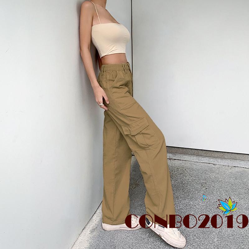 Hgm-quần Jean Nữ Cạp Cao Ống Thẳng Có Túi Màu Trơn / Kaki / Nâu