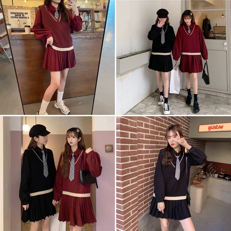 Set váy 3 món kèm gile caravat Ulzzang style Hàng Quảng Châu