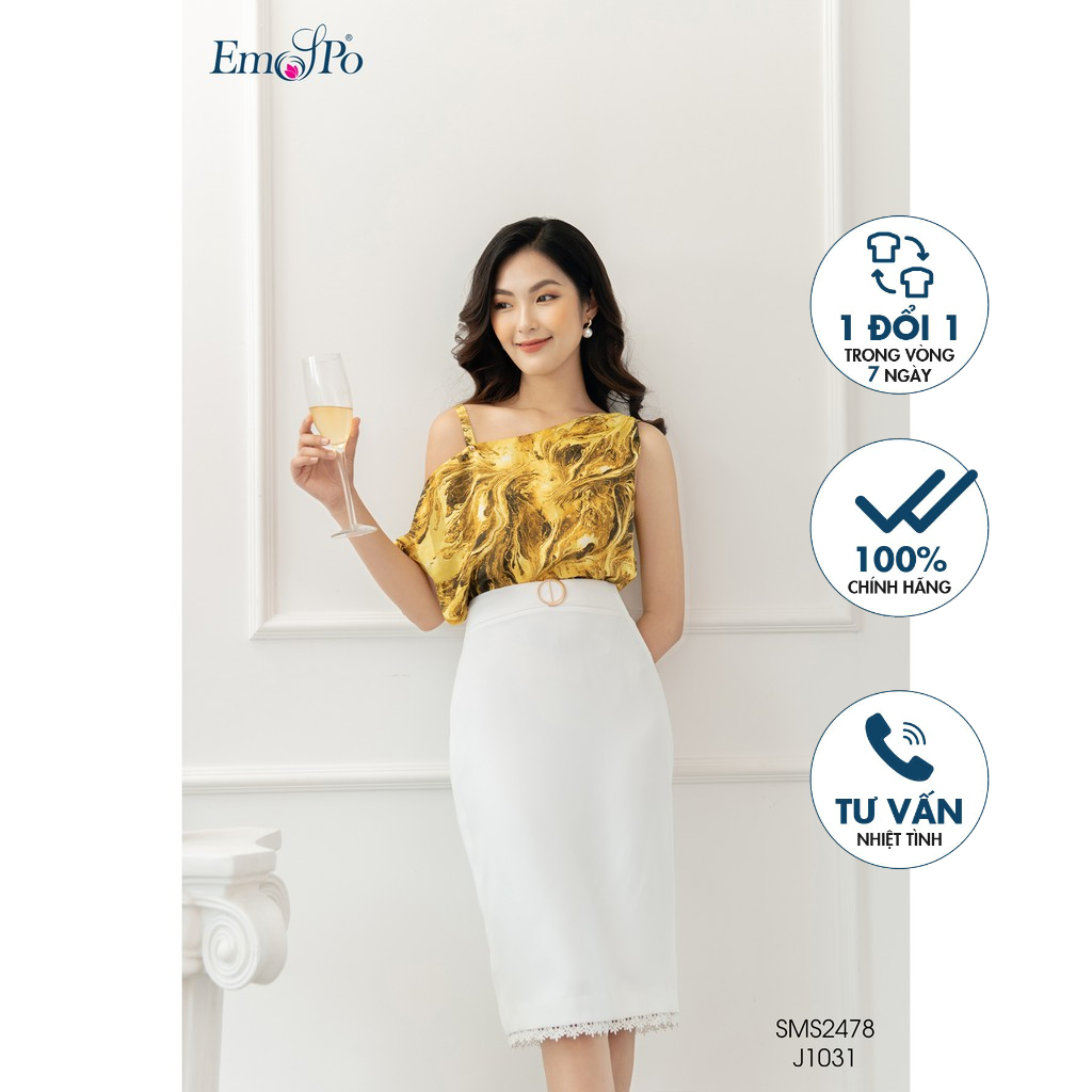 Chân váy bút chì phối ren gấu, đính mặt kim loại trang trí Emspo J1031