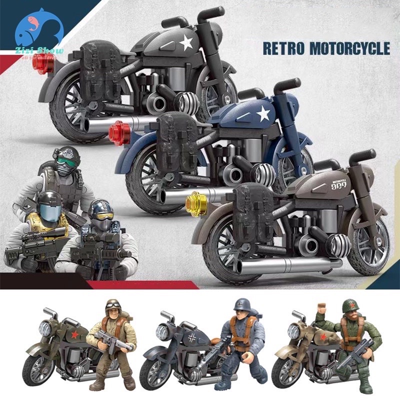 Đồ chơi mô hình lắp ráp xe Moto và lính Retro mini