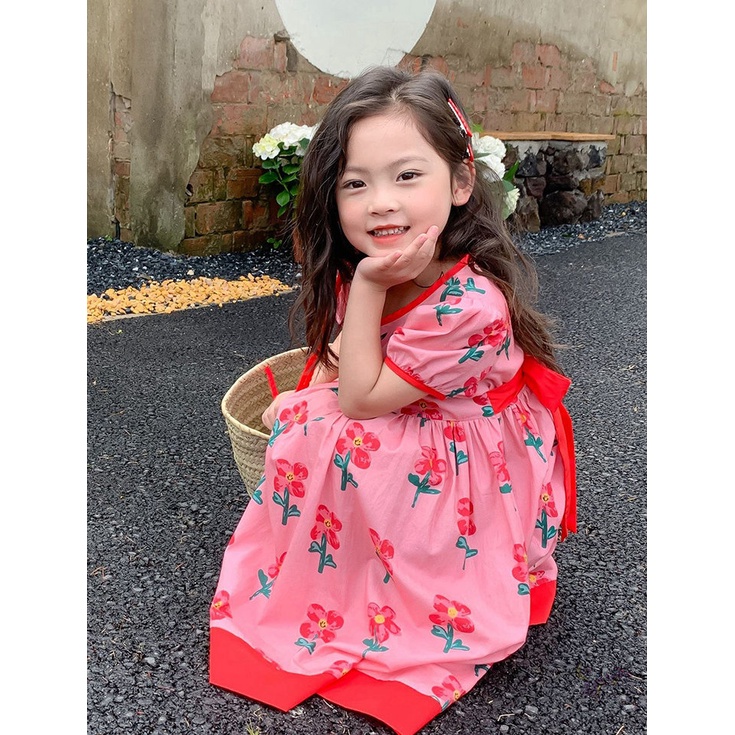 Đầm Công Chúa Tay Phồng Thắt Nơ In Họa Tiết Hoa Phong Cách Hàn Quốc Thời Trang Mùa Hè Cho Bé Gái