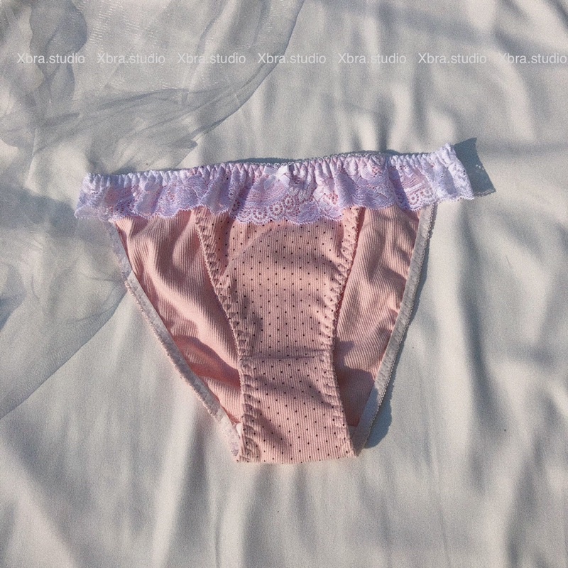 Bộ đồ lót cup ngang cotton phối ren màu hồng chấm bi dễ thương | BigBuy360 - bigbuy360.vn