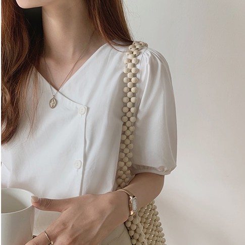 Áo Sơ Mi Tay Ngắn Cổ Chữ V Màu Trơn Dễ Thương Dành Cho Bạn Nữ 34772