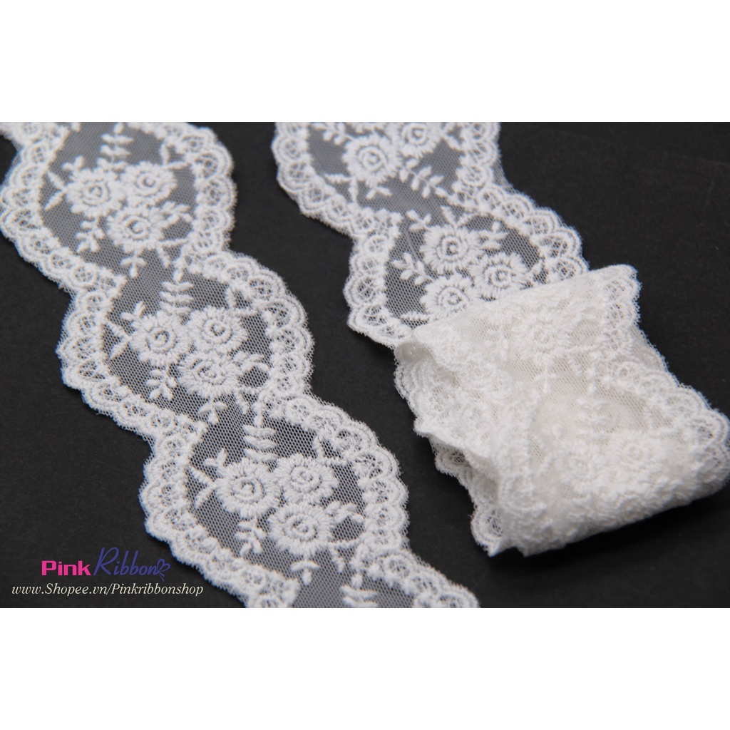 Ren trắng thêu hoa dày, bề rộng 6.5cm