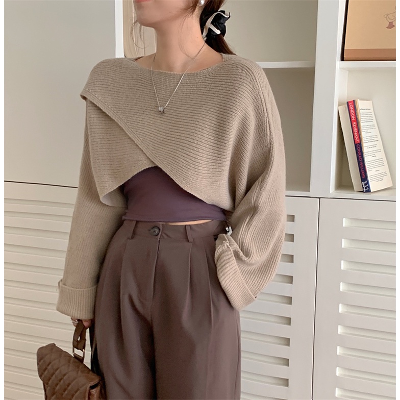 Áo sweater SUXI vải dệt kim tay dài hở vai màu sắc ngọt ngào phong cách Hàn Quốc cho nữ