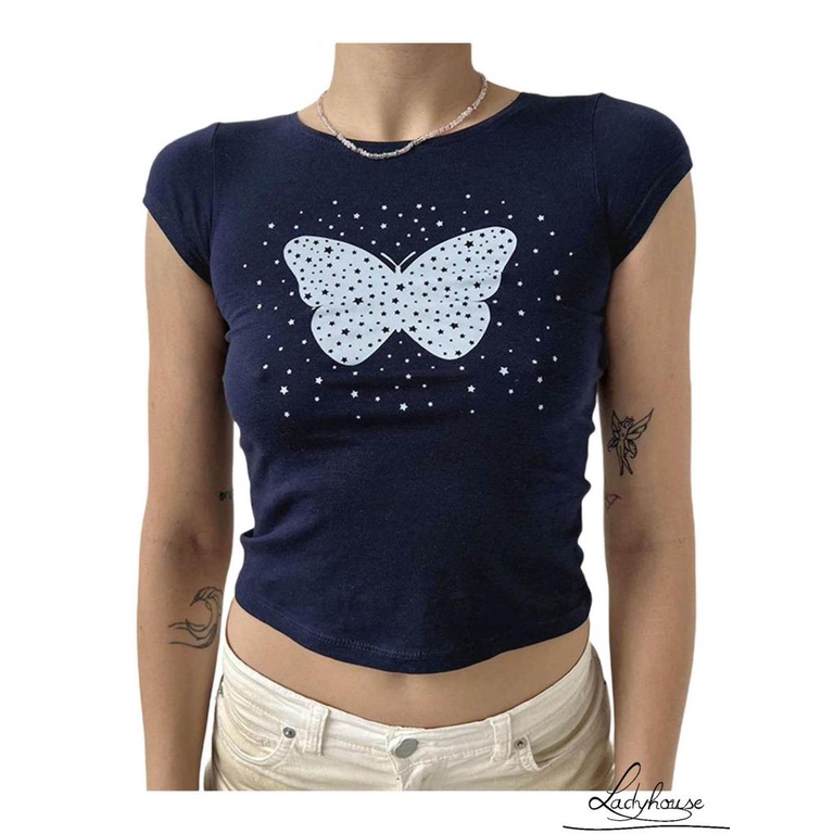 Áo Thun Cổ Tròn Tay Ngắn In Họa Tiết Bướm / Chấm Bi Thời Trang Mùa Hè Dành Cho Nữ