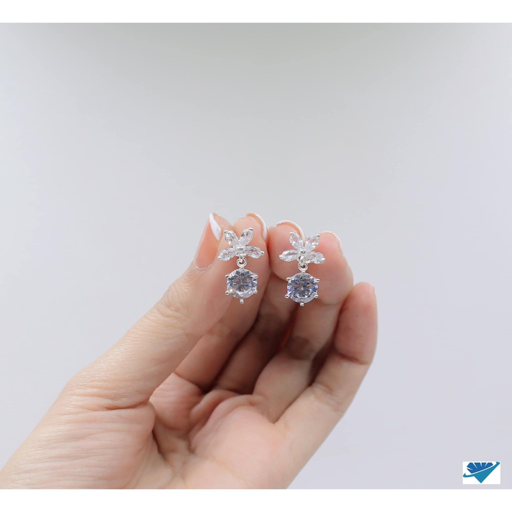 Bông tai hóa 4 cánh đá chủ 6mm bạc cao cấp s99 cho nữ
