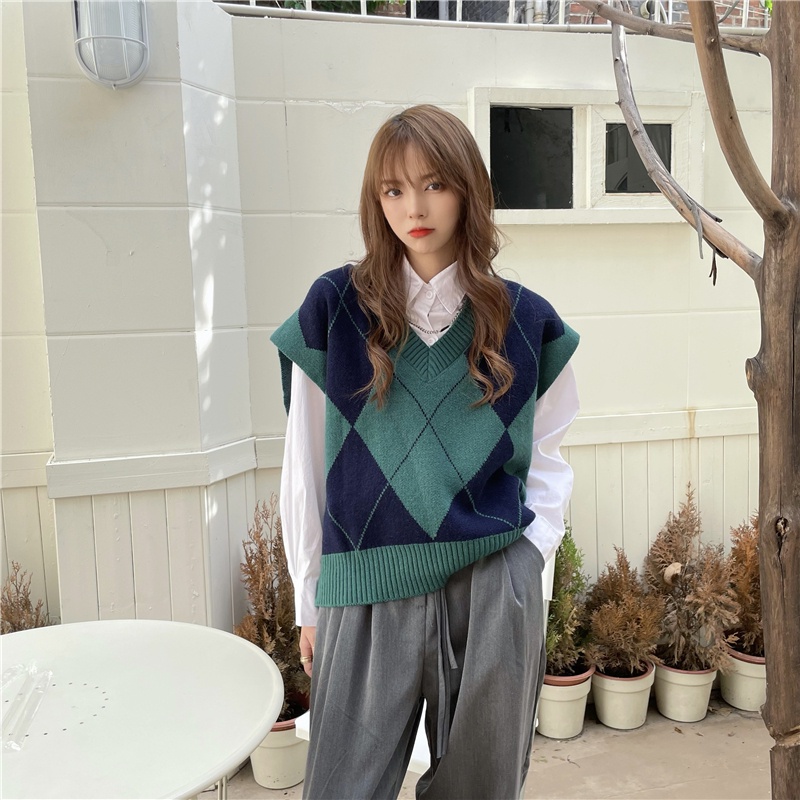 Áo khoác ghi lê dệt kim cổ chữ V dáng rộng đính kim cương cổ điển dễ phối đồ phong cách Hàn Quốc cho nữ