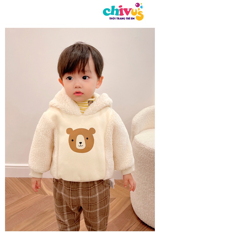Áo khoác lông cho bé hoạ tiết mặt gấu có mũ CHIVU'sKID áo khoác cho bé trai bé gái ấm áp dễ thương