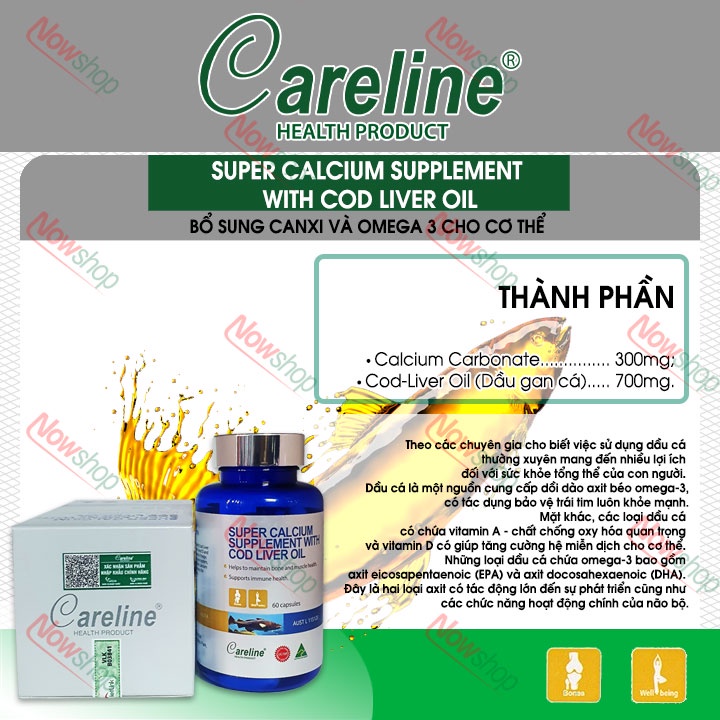Viên uống bổ xương khớp Careline Super Calcium Supplement With Cod Liver Oil 1000mg giúp bổ sung canxi và omega 3
