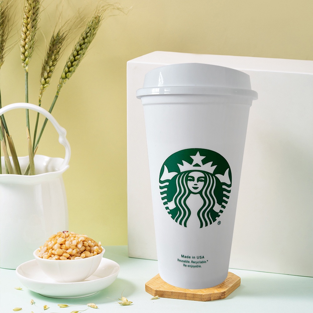 Cốc Cafe Hoa Cốc Cà Phê Nóng/Lạnh Tái Sử Dụng Starbucks Có Nắp Ống Hút 473ml/16oz Đen/trắng