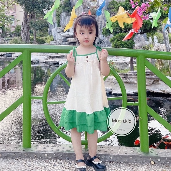 Váy bé gái - Đầm hai dây đuôi cá bánh bèo vải đũi mềm mát cho bé gái 1-5 Tuổi