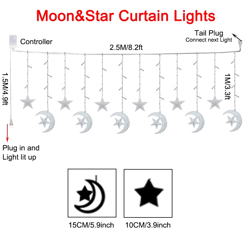 Dây Đèn Led Trang Trí 4M 138 Bóng Hình Mặt Trăng Ngôi Sao Độc Đáo