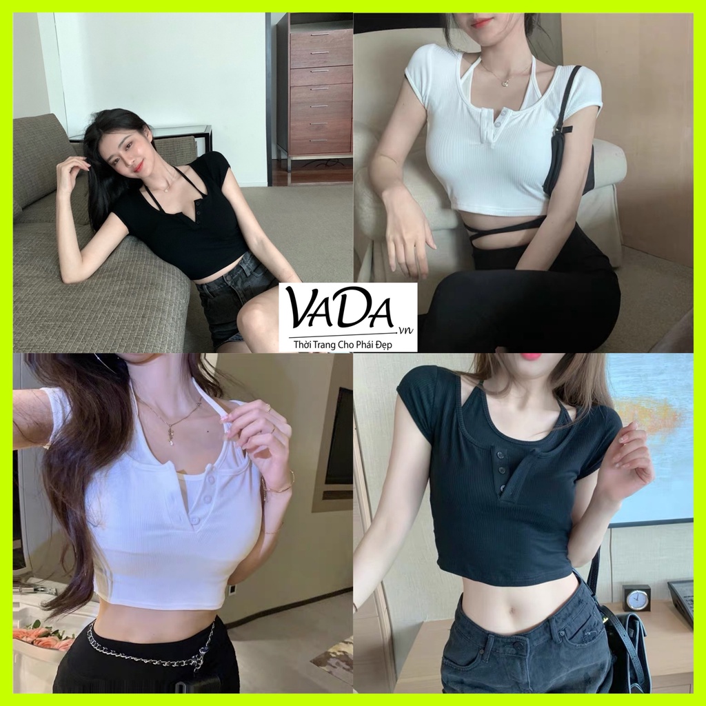 Áo thun croptop Tay con cổ yếm phối quần sort , quần jean siêu hot - Thời Trang VADA (h68)