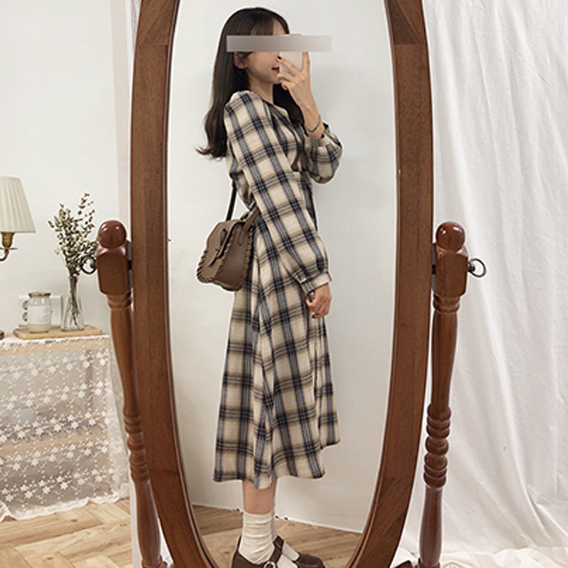 Xiaozhainv Đầm maxi dài tay họa tiết kẻ sọc ca rô phong cách Hàn Quốc xinh xắn thời trang cho nữ