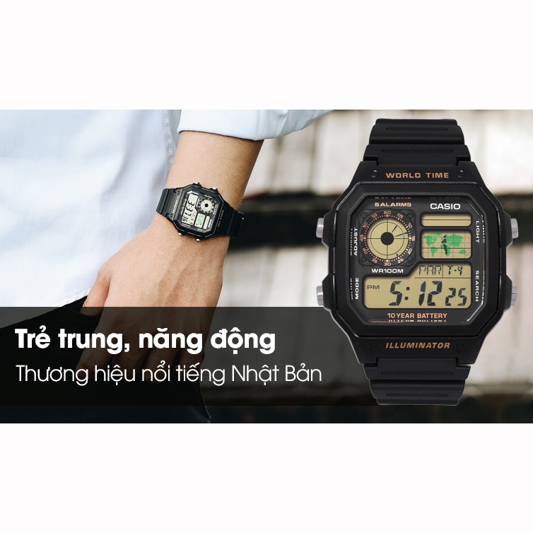 Đồng Hồ Casio Nam AE-1200WH-1BVDF Dây Nhựa - Mặt Vuông Điện Tử - Pin 10 Năm