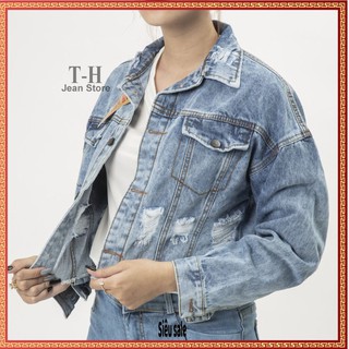 Áo khoác jean nữ xanh cơ bản cúc đen, áo khoác bò nữ dán ngắn AKG18 tien.shop3