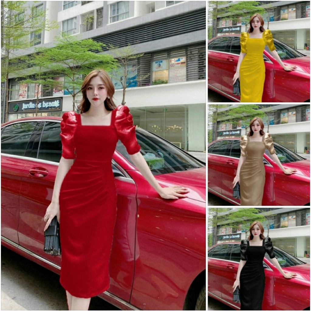 Đầm Body cổ vuông xếp ly cao cấp - YB220501