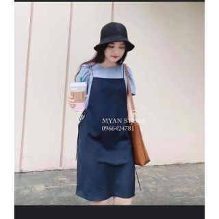 Set yếm kèm áo sơ mi đũi tay nhún