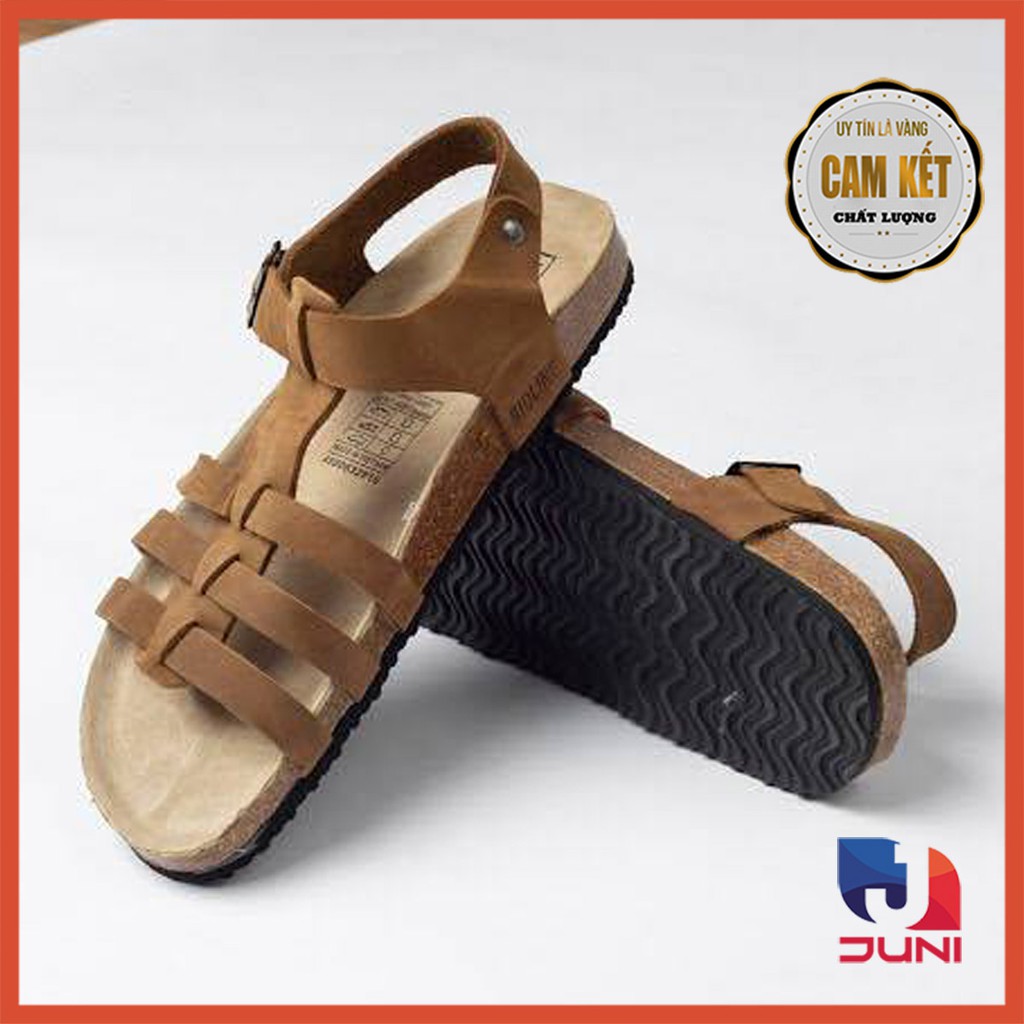 [DA BÒ THẬT] D12-Dép da bò quai ngang Birken Bioline Unisex (Đế trấu) - Juni Store