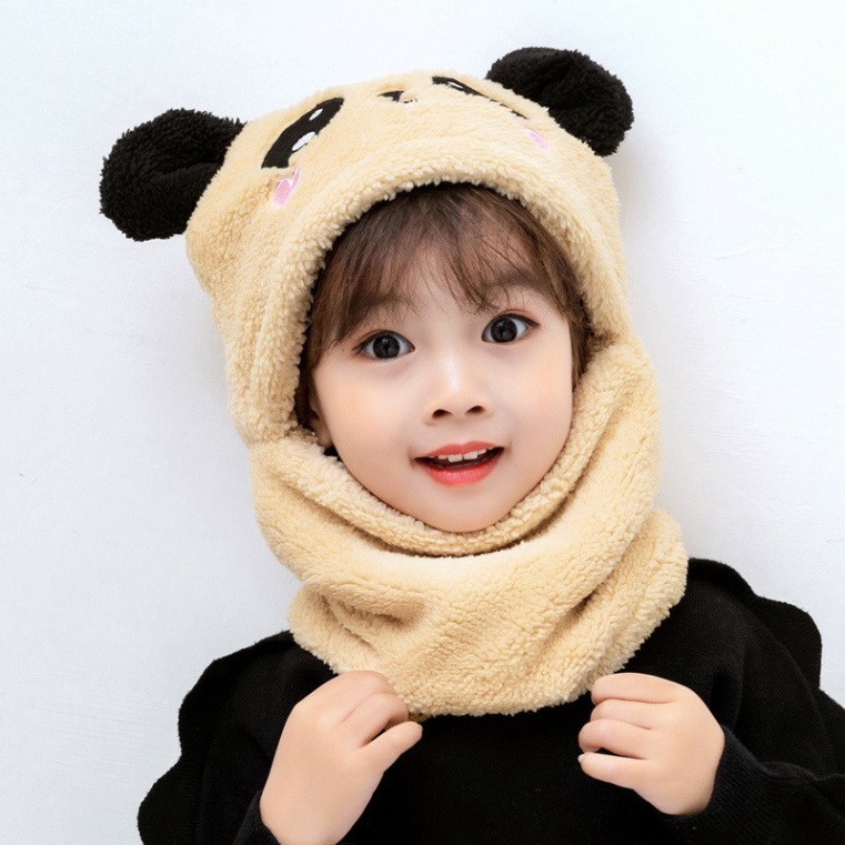 Mũ lông gấu Panda cho béFREESHIPNón len trẻ em lông cừu liền khăn cổ hình gấu ấm áp mùa đông