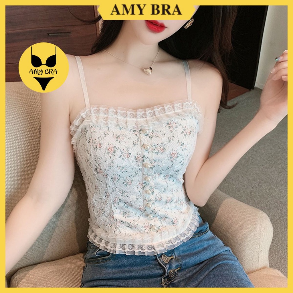 Áo Bra 2 Dây Hoa Nhí Dáng Croptop -  Bra Nữ Mút Mỏng Đính Cúc Ngọc Xinh Xắn AMYBRA B3025
