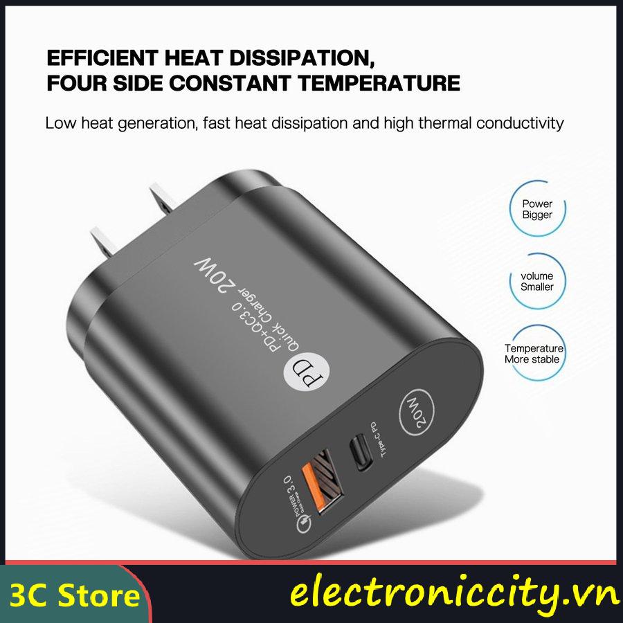 Cốc sạc nhanh 20W PD USB QC3.0  Type-C cho Android iphone
