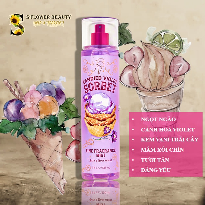 🍰 🍑 Xịt Thơm Toàn Thân Bath & Body Works Body Mist - Honeysuckle Peach Tea | Champagne Sprinkles | Candied Violet Sorbet | BigBuy360 - bigbuy360.vn
