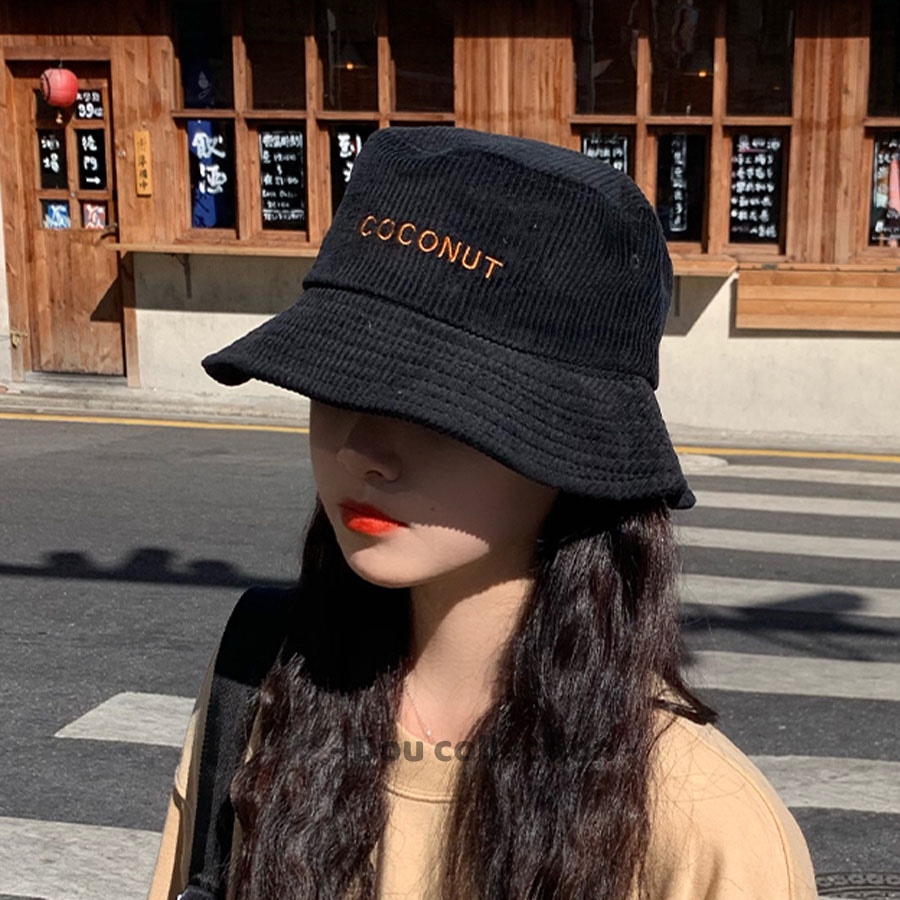 [Nowship2h] Mũ Nón Bucket Unisex Vành Ngắn Họa Tiết Thêu Coconut Phong Cách Hàn Quốc - Chất Liệu Nhung - Mã NV040