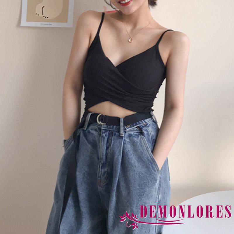 Áo hai dây cổ chữ V khoét sâu croptop bằng len tăm gân có đệm mút gợi cảm quyến rũ cho nữ