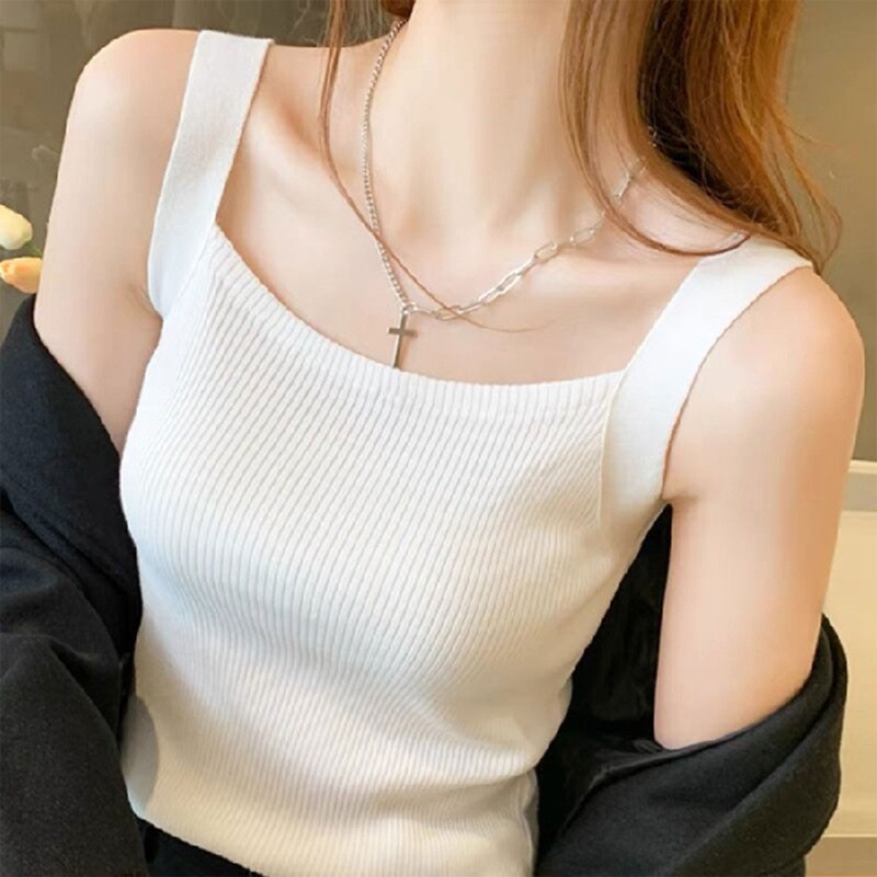 Áo Croptop Dệt Kim Không Tay Màu Sắc Đơn Giản Cho Nữ