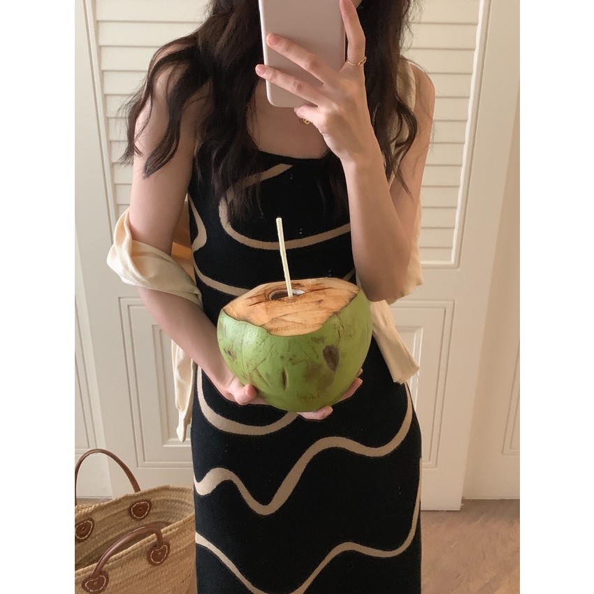 Đầm Hai Dây Dáng Dài Form Ôm Phối Màu Tương Phản Phong Cách Pháp