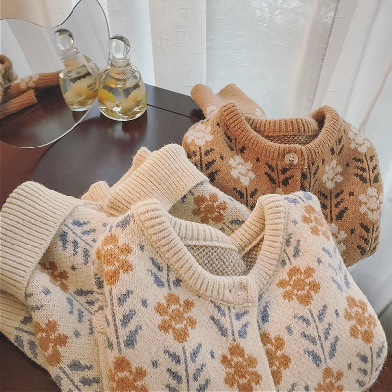 Áo khoác len cardigan cổ tròn họa tiết hoa phong cách Hàn Quốc mới cho nữ