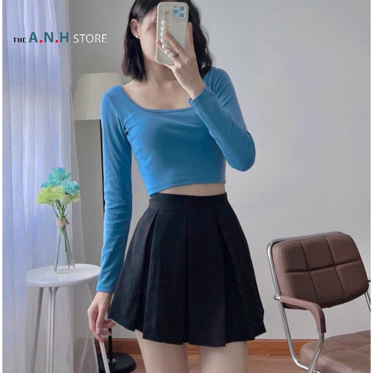 Áo thun nữ Croptop tay dài cổ vuông, phom ôm, chất cotton ANHSTORE , phong cách Hàn Quốc