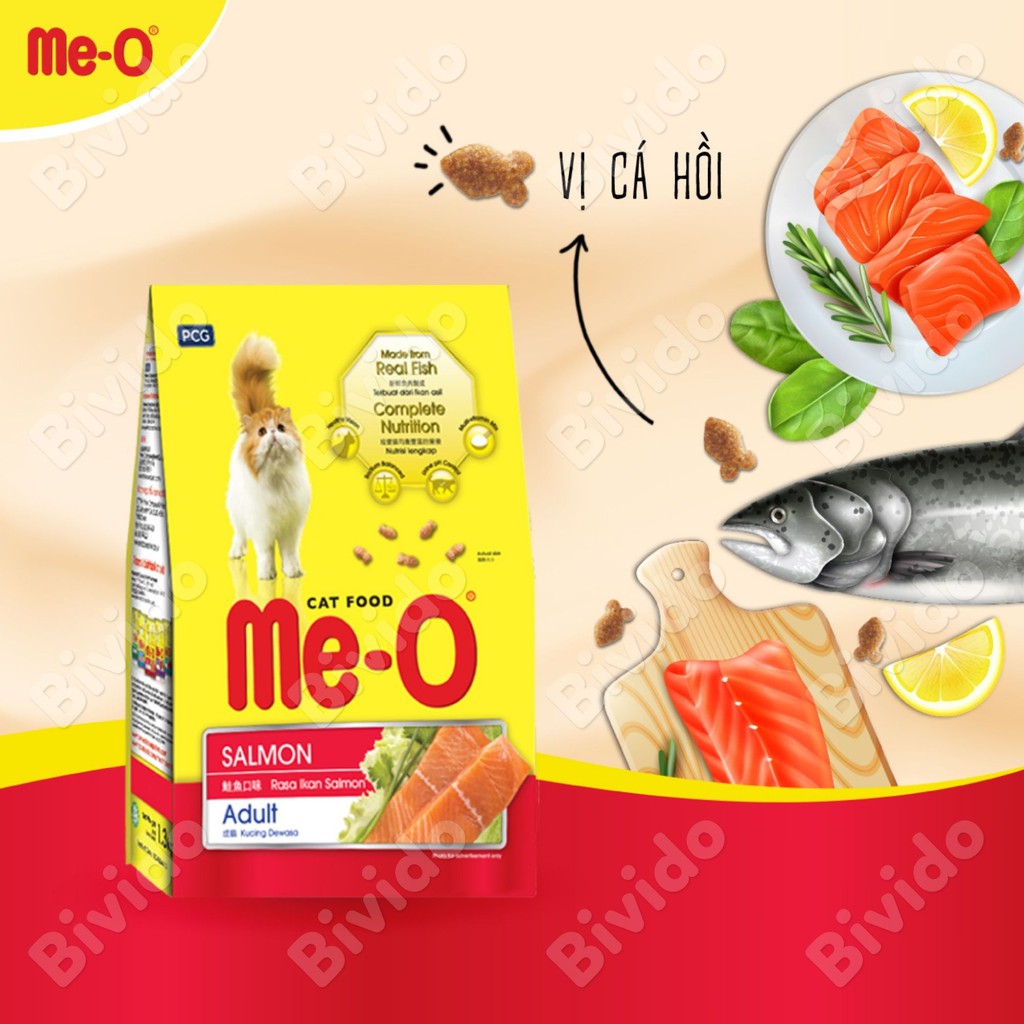 Thức ăn mèo lớn Me-O vị cá ngừ, cá thu, hải sản, cá hồi túi 1.2kg - Bivido