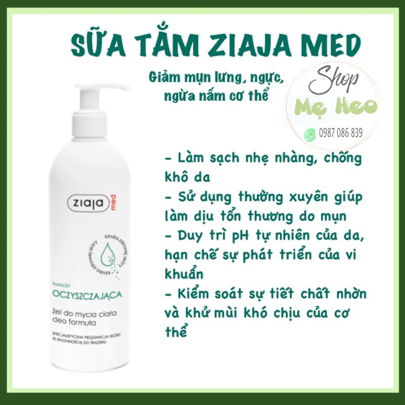 Sữa tắm hỗ trợ giảm viêm lỗ chân lông, ngừa mụn, ngừa nấm cơ thể Ziaja Med Xanh 400ml