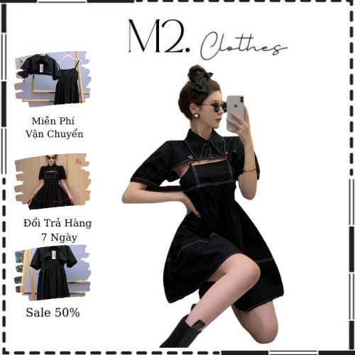Set váy 2 dây viền chỉ nổi kèm áo khoác sơ mi tách rời chất thô mềm phong cách cá tính hàn quốc M2.Clothes