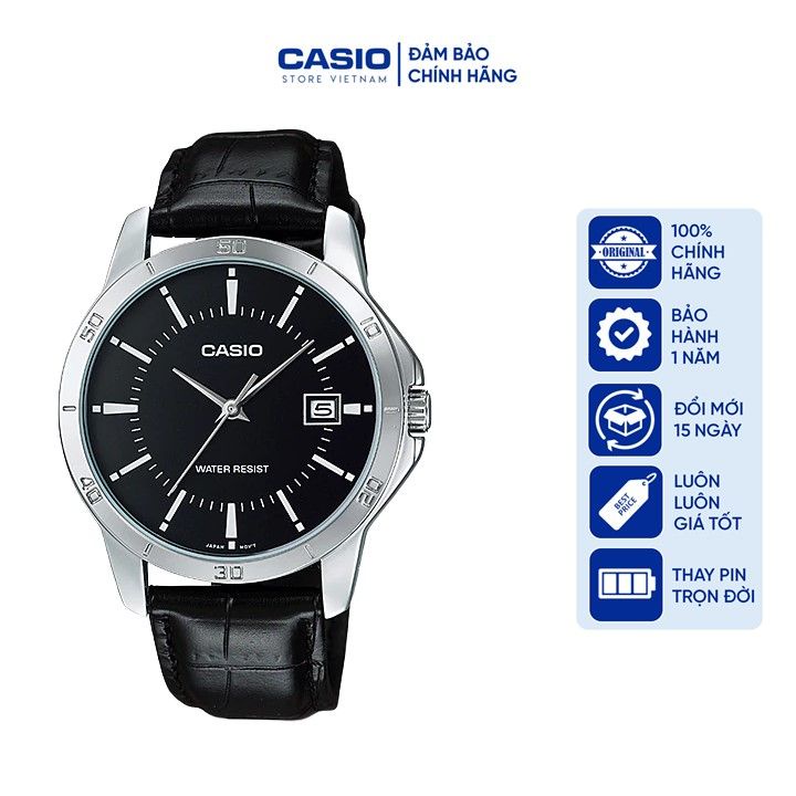 Đồng hồ Nam Casio MTP-V004L-1AUDF, đồng hồ chính hãng, dây da đen mặt đen