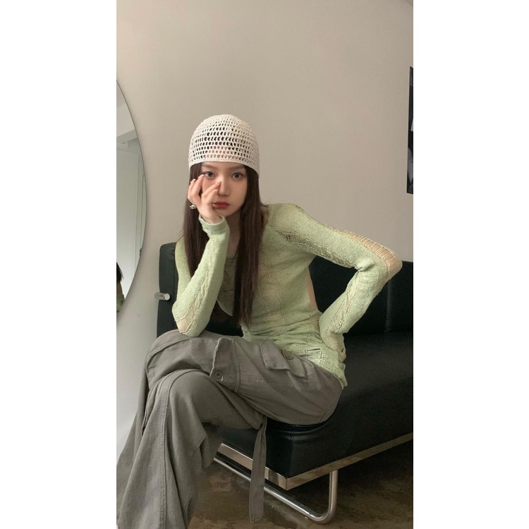 QADCOL  Áo sweater Dệt Kim Mỏng Mùa Hè Thiết Kế Mỏng Màu Xanh Lá Cây Khoét Lỗ Hở Lưng Sang Trọng Cho Nữ