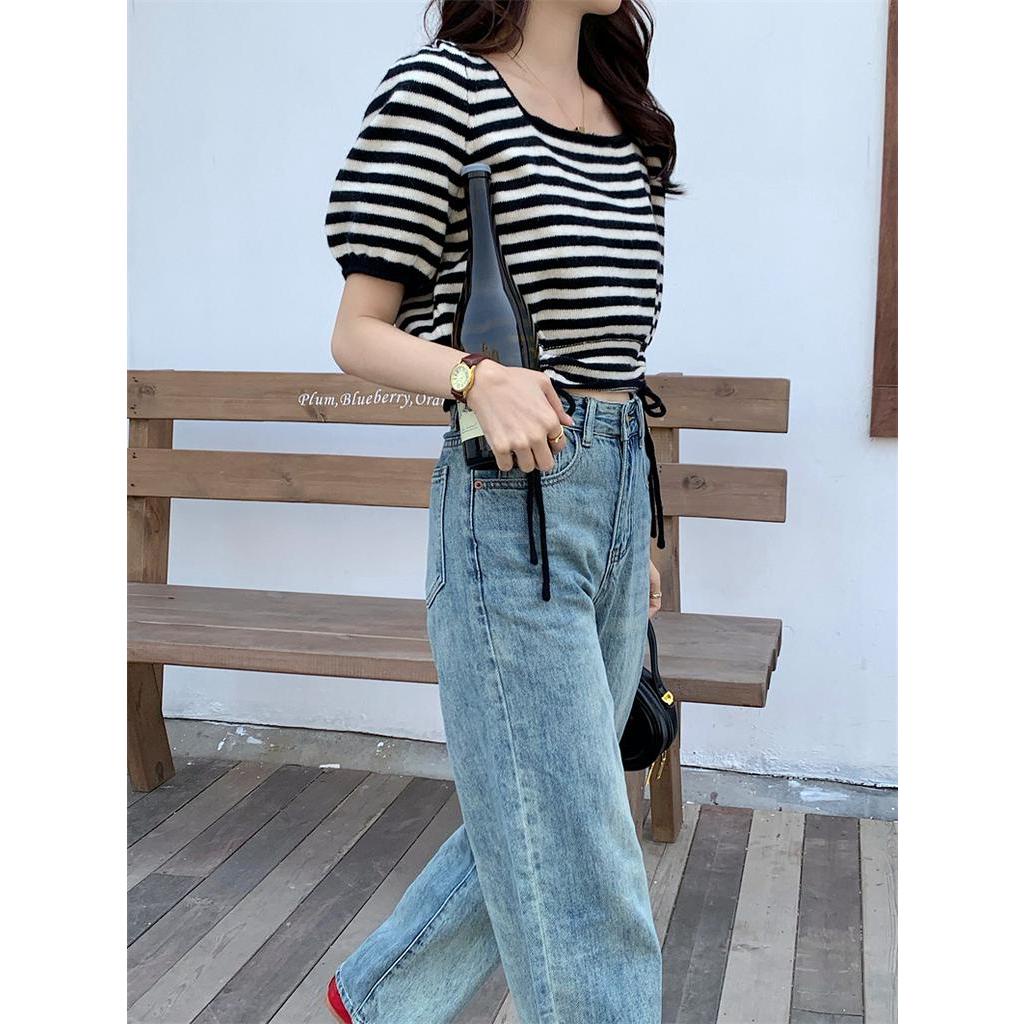 Áo Sweater Cổ Vuông Tay Phồng Họa Tiết Kẻ Sọc Phối Dây Rút Thời Trang Hàn Quốc 64087