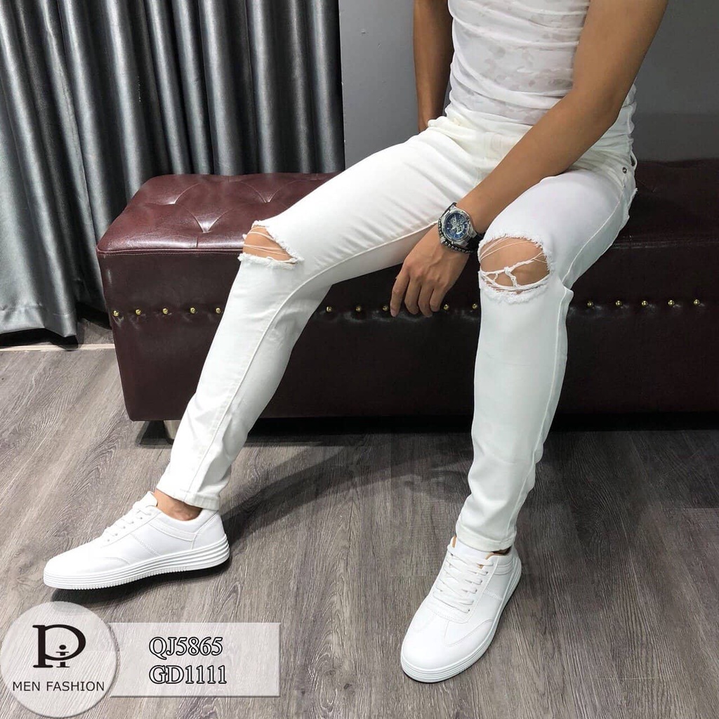Quần jean nam ống ôm màu trắng rách gối chất bò co giãn bốn chiều thời trang cao cấp NEWSHOP702