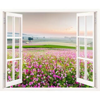 Tranh dán tường cửa sổ 3D VTC cánh đồng hoa đẹp VT0174 kim sa