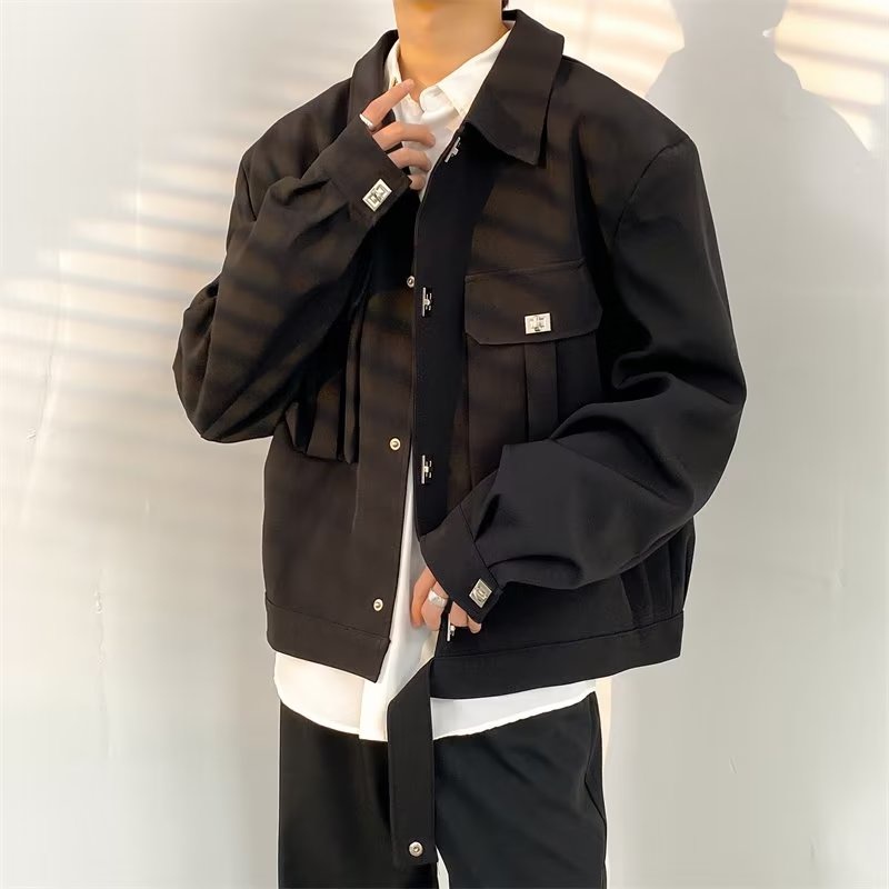 Áo Khoác Ngắn Dáng Rộng Màu Trơn Cài Nút Kim Loại Thời Trang Hàn Quốc Cho Nam simple Hàn Quốc áo khoác jacket nam fashion áo khoác bóng chày nam bigsize áo khoác bomber bóng chày from rộng