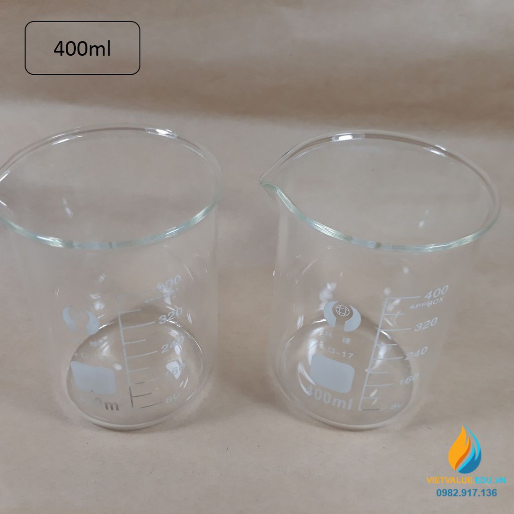 Cốc đong thủy tinh có vạch chia, dung tích 400ml, có mỏ, chịu nhiệt độ cao